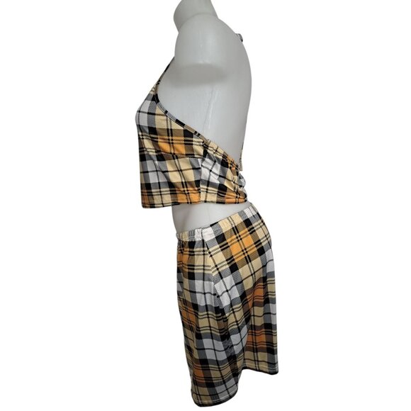 Shein Womens Yellow Black Whie Plaid 2PC Set Top + Skirt Large - Picture 2 of 8